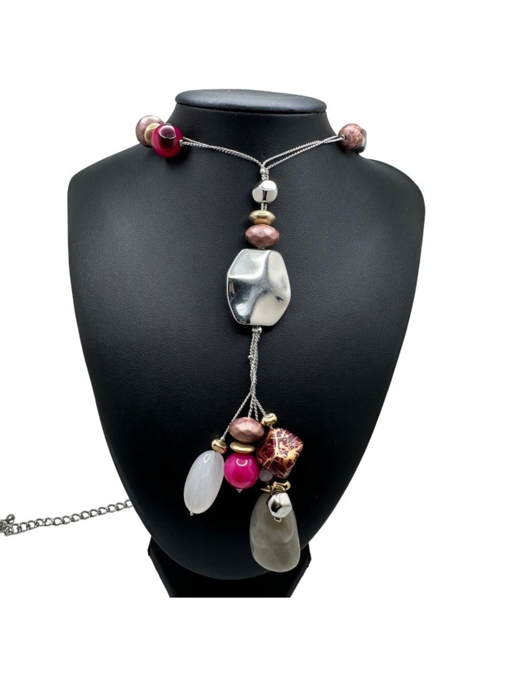 Chico's Necklace Jewelry Statement 32" Adjustable Silver Tone Pink White Stones